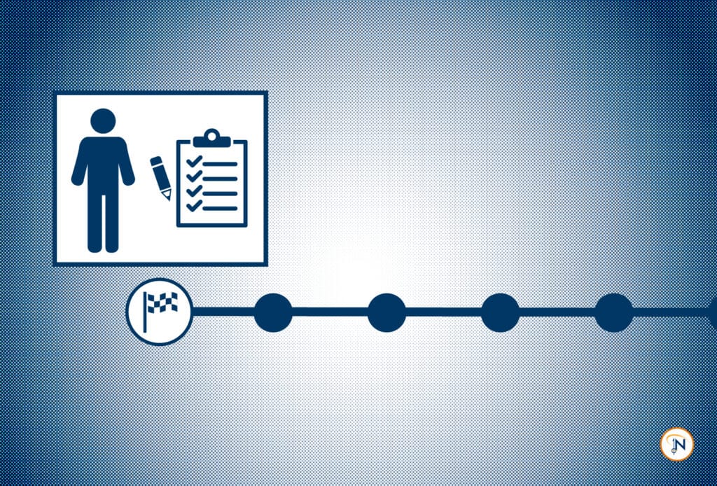 Graphic of a person and a checklist followed by dots leading to a finish line