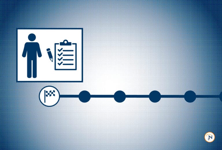 Graphic of a person and a checklist followed by dots leading to a finish line