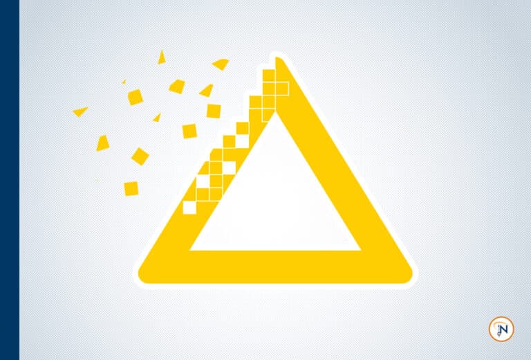 Yellow triangle icon with pixels floating off of it