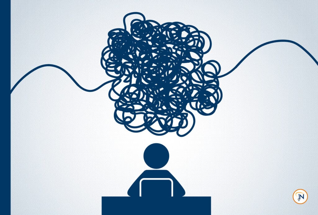 Graphic of a person on a computer with a tangle of threads above their head