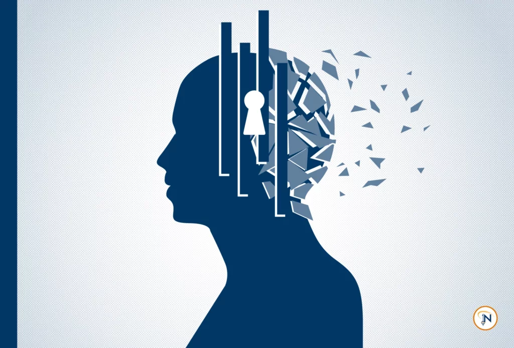 Graphic of a person with a keyhole and pixels floating from their mind