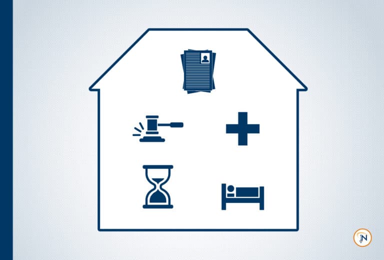 Graphic of a house featuring icons of documents, a gavel, a health plus sign, an hourglass, and a person in a bed