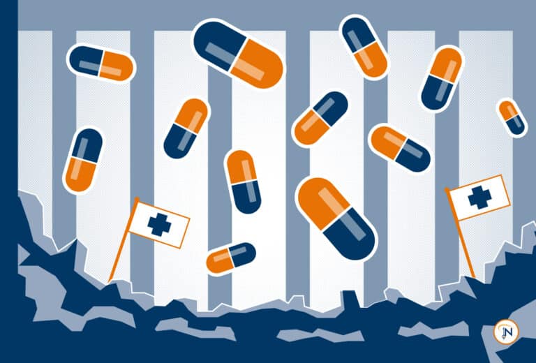 A battlefield with pills falling from the sky and two flags featuring health plus signs