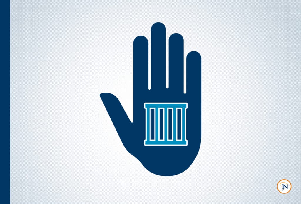 A blue hand holding a small blue columns