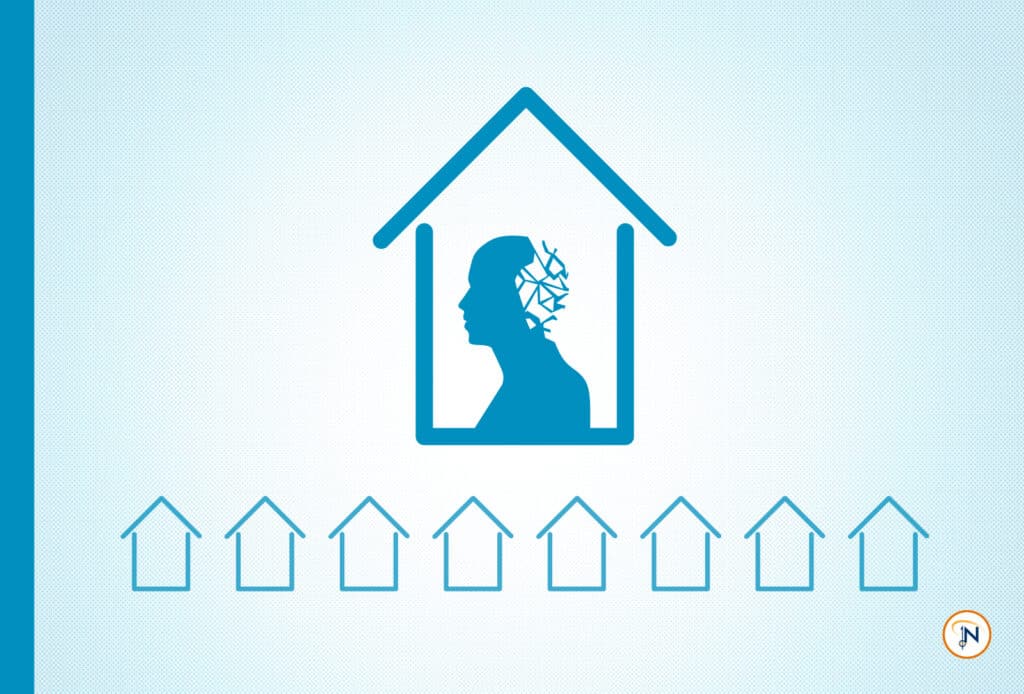 A house graphic with a person's head with mosaic shapes. Several smaller houses are lined up beneath it.