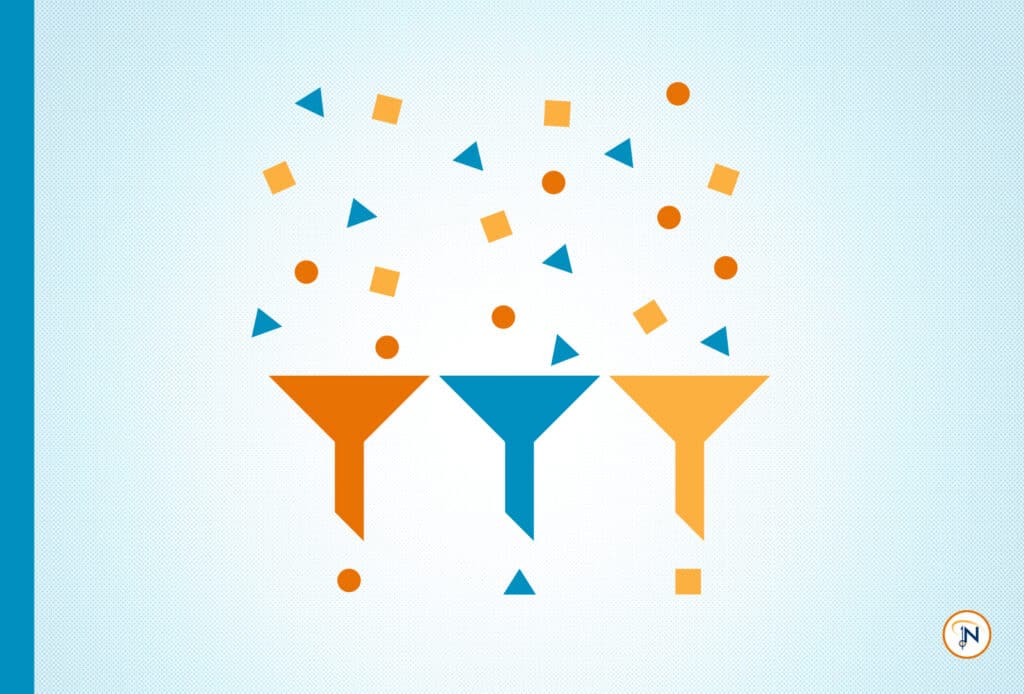 Three funnels (one orange, one blue, one yellow) with small shapes pouring into the tops. The shapes are yellow squares, blue triangles, and orange circles