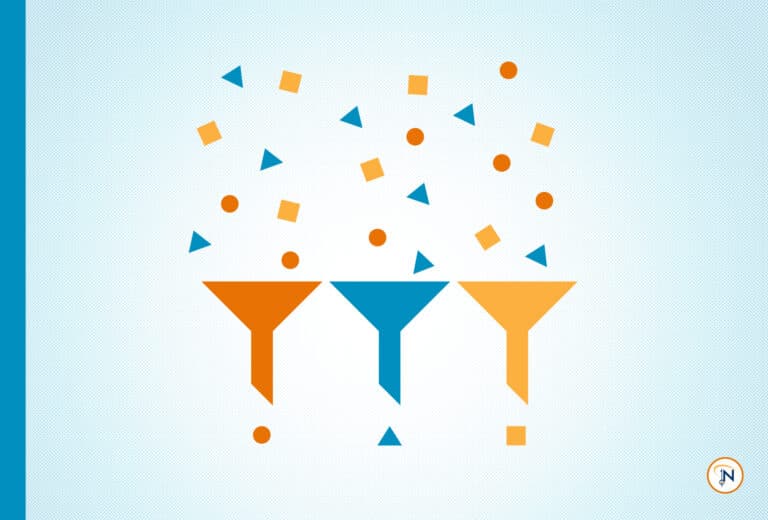 Three funnels (one orange, one blue, one yellow) with small shapes pouring into the tops. The shapes are yellow squares, blue triangles, and orange circles