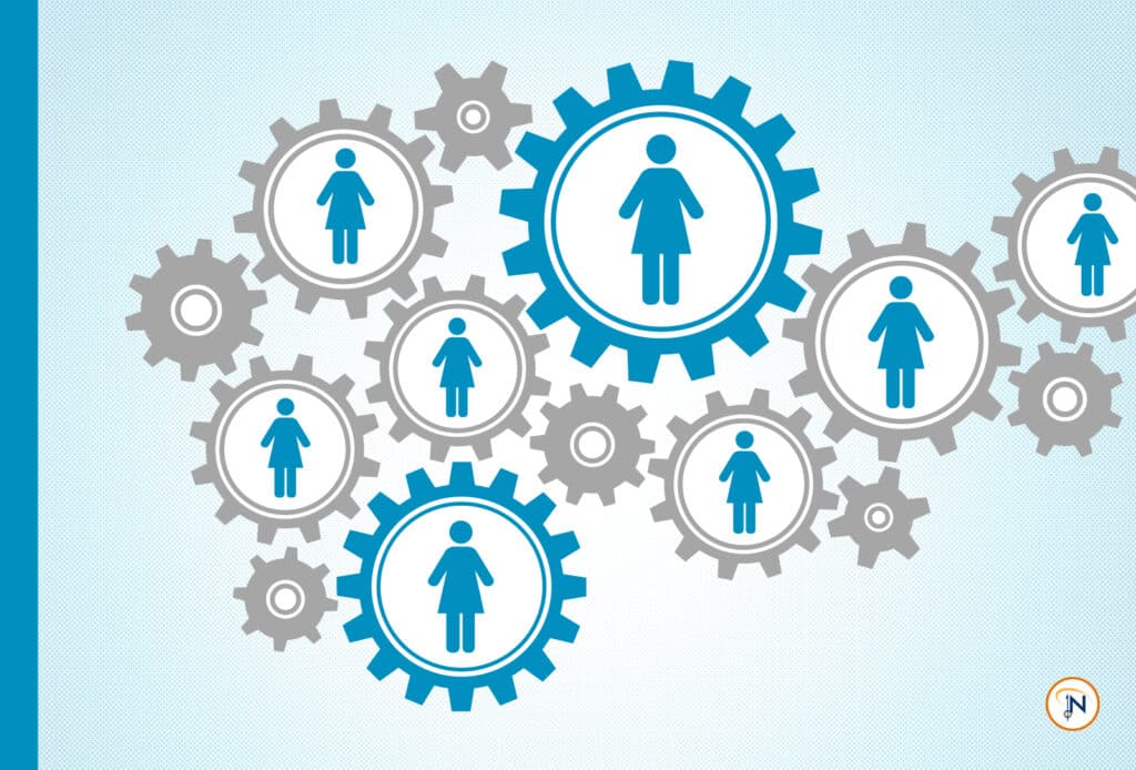 Blue and gray gears with icons of people within them