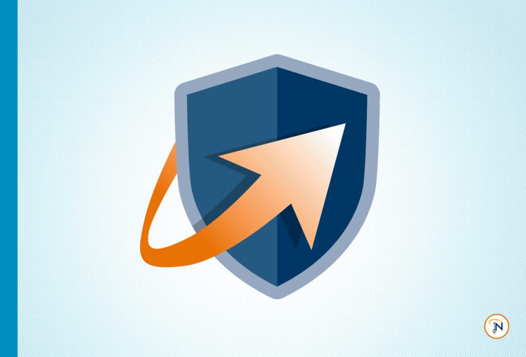 Blue shield with orange arrow wrapping around it