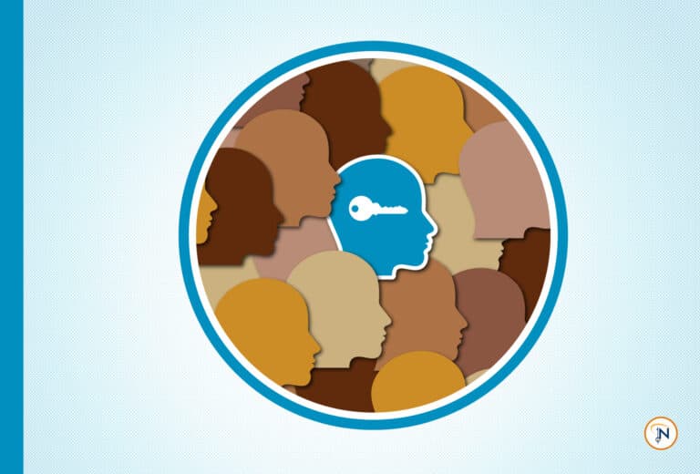 People of various colors with one in blue with a key in their mind