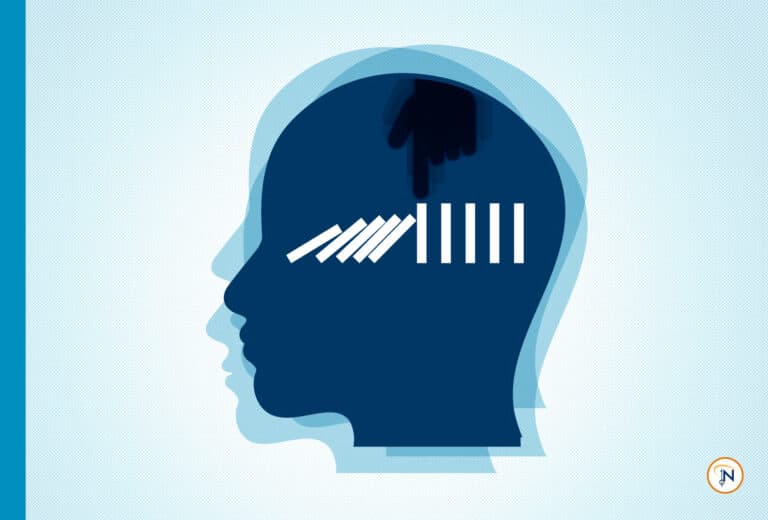 Blue head with white dominoes being knocked down