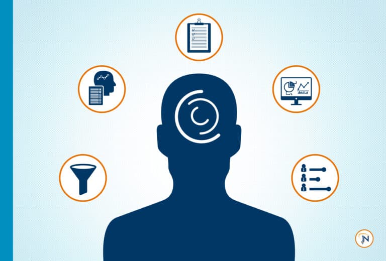 Blue person surrounded by icons for filters, checklists, documents, charts, and people.