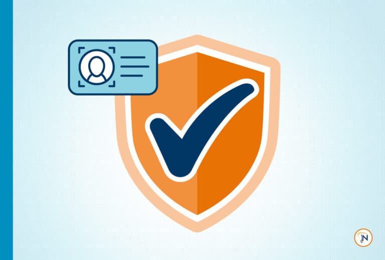 Orange shield with blue checkmark and a person's file