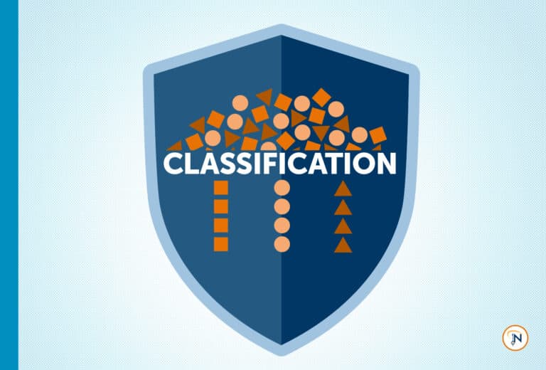 Blue classification shield featuring a group of shapes being filtered into their respective shape groupings
