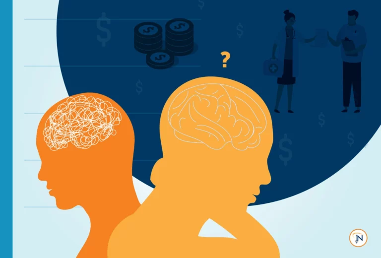 Two yellow people thinking about money and doctors. One person has a tangled mind and the other has a clear mind with a question mark above them.