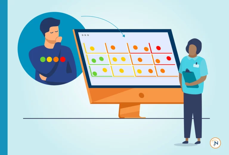 Two people looking at a chart on a screen featuring dots of different colors