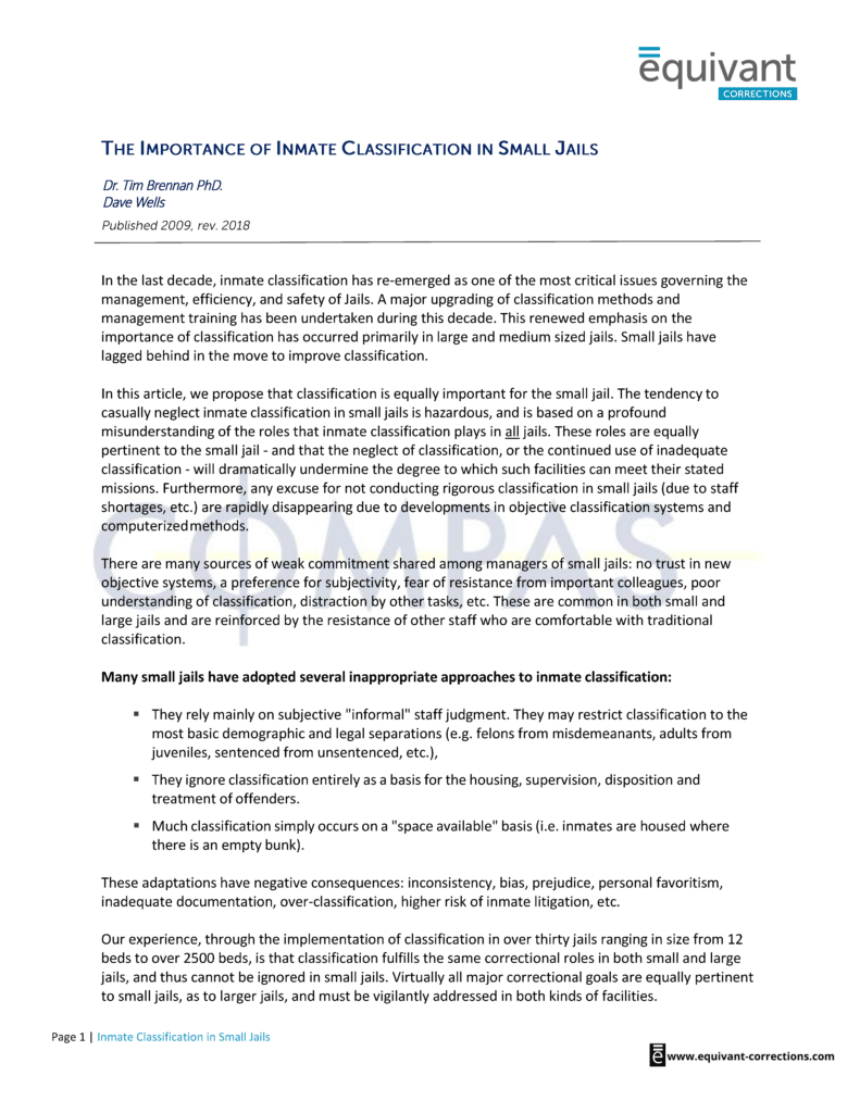 Importance of Inmate Classification in Small Jails