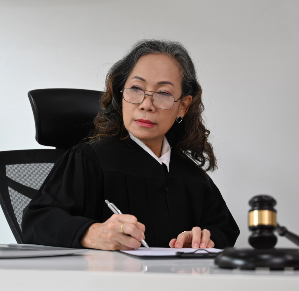 Female judge sitting front of laptop