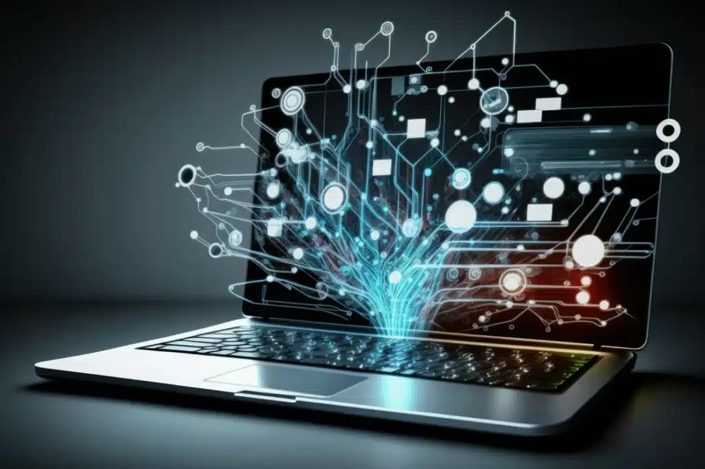Digital rendering of data branching out of a laptop
