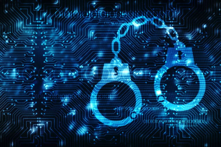 Cyber Security concept: pixelated handcuffs icon on digital background, Cyber crime concept, 3d rendering