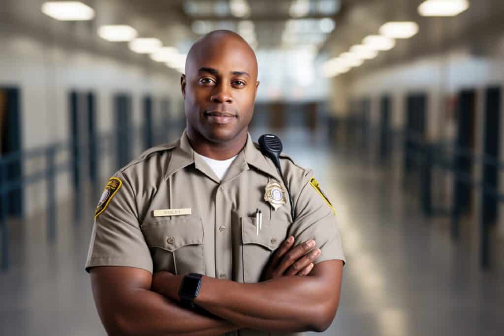 Correctional officer standing in a prison hallway with his arms crossed