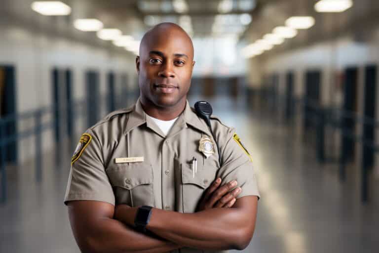 Correctional officer standing in a prison hallway with his arms crossed