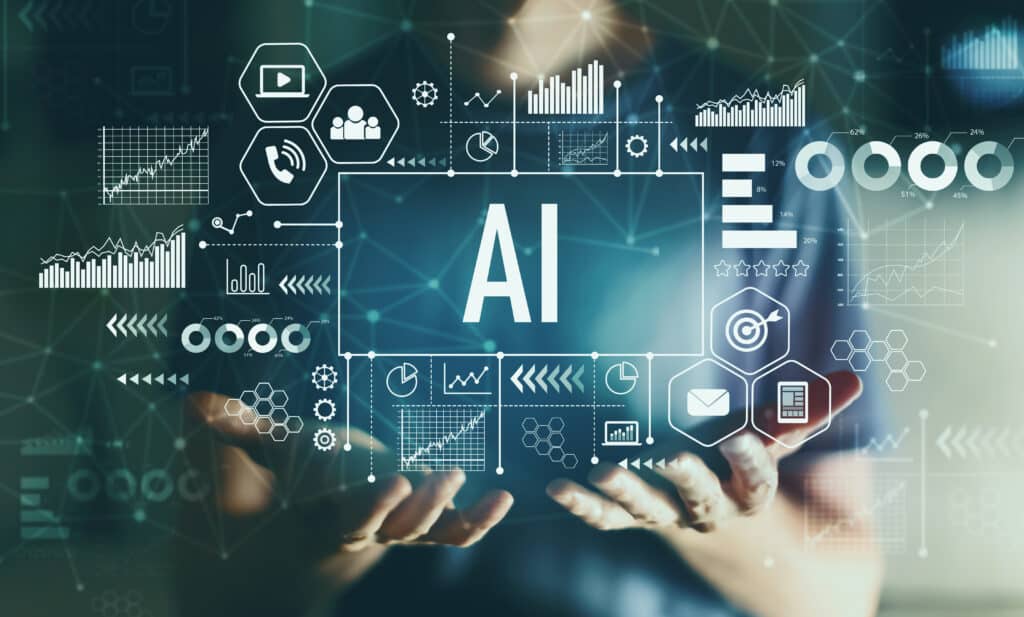 AI and metrics icons with young man in the background