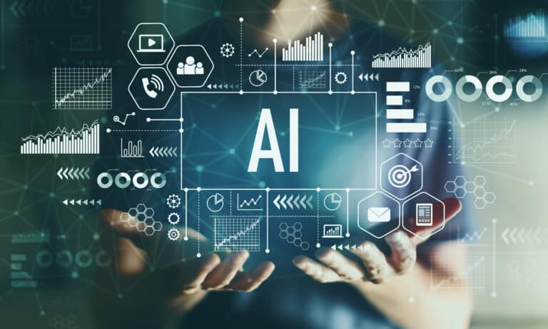 AI and metrics icons with young man in the background