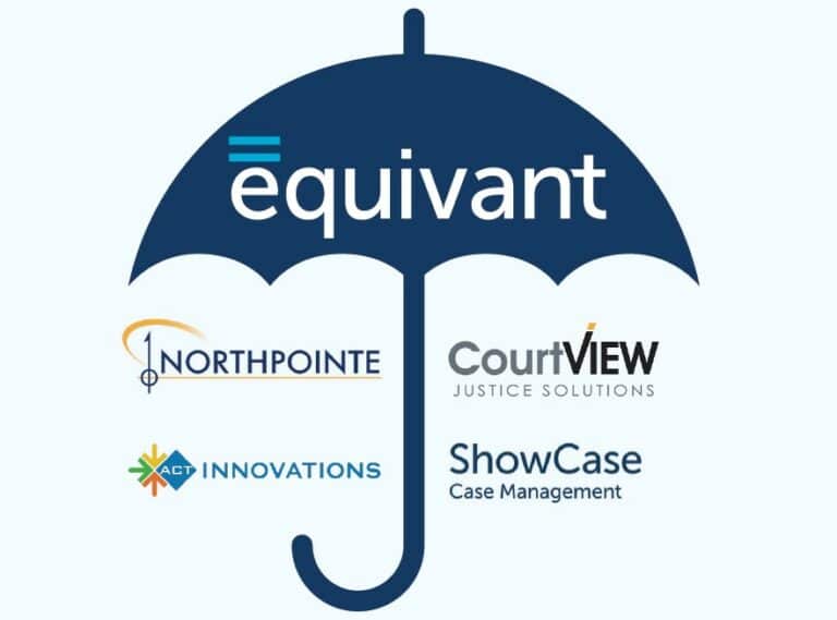 Corrections infographic showcasing that Northpointe, CourtView Justice Solutions, ACT Innovations, and ShowCase Case Management are housed under the equivant umbrella