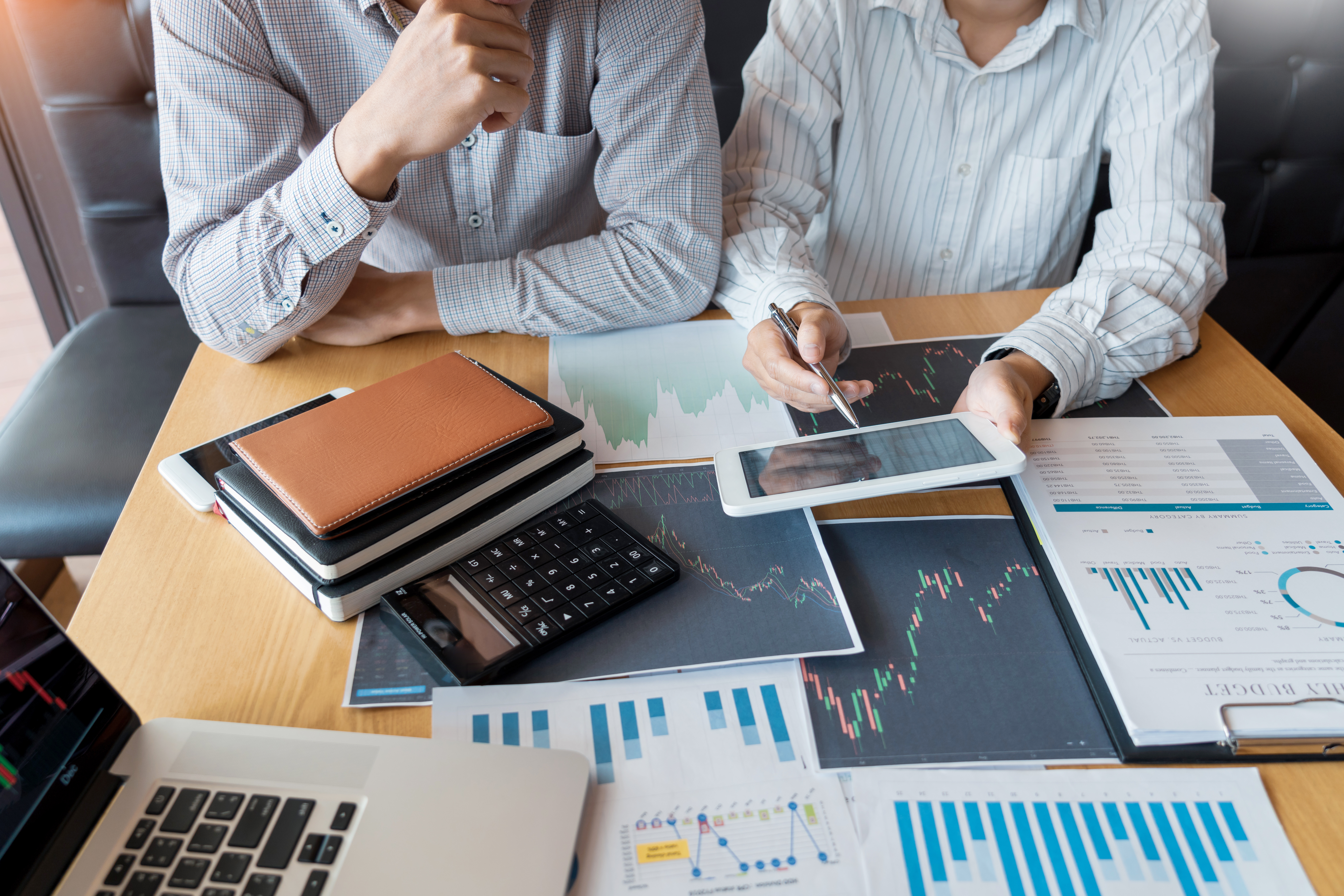 Working business man, team of broker or traders talking about fo