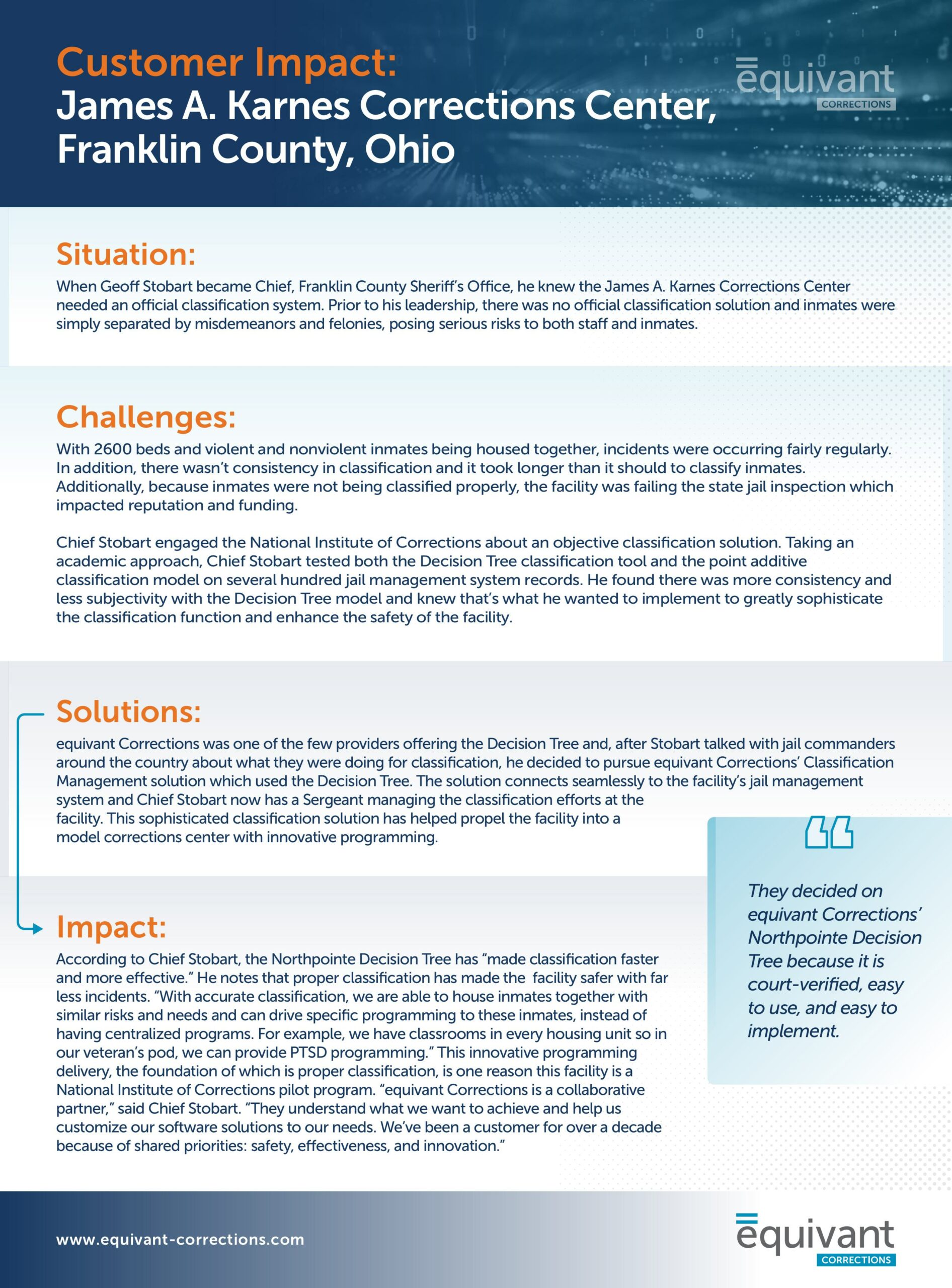Customer Impact for James A. Karnes Corrections Center, Franklin County, Ohio