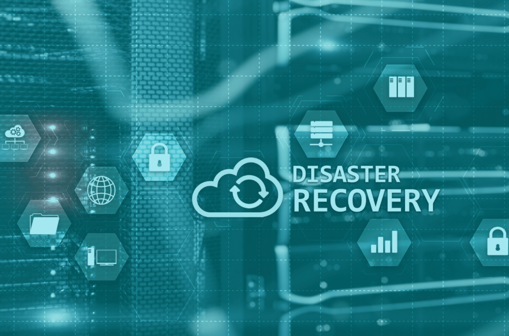 Disaster planning graphic featuring a disaster recovery icon alongside various digital and metrics icons