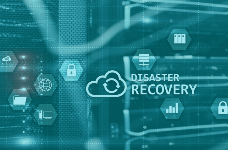 Disaster planning graphic featuring a disaster recovery icon alongside various digital and metrics icons