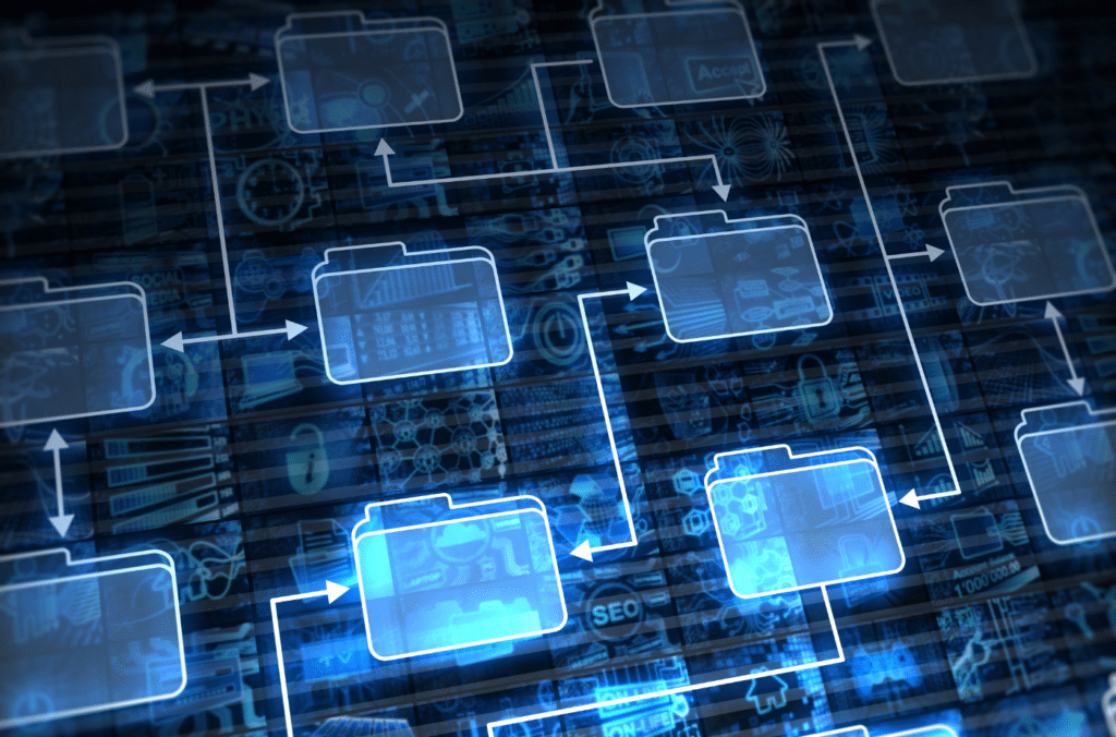 Digital file system overlaying a background of digital icons