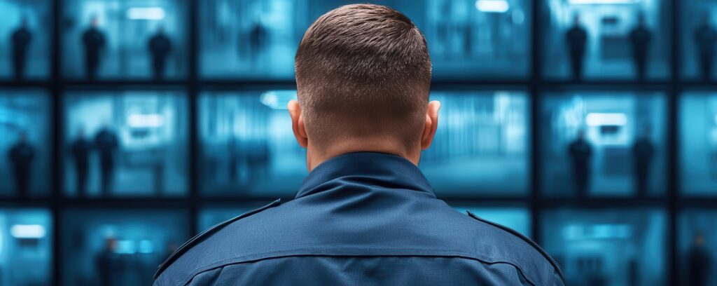Digital control room in a prison with guards monitoring multiple screens showing live feeds of various areas within the facility Control room, Surveillance technology