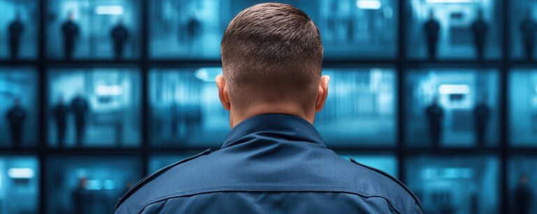 Digital control room in a prison with guards monitoring multiple screens showing live feeds of various areas within the facility Control room, Surveillance technology