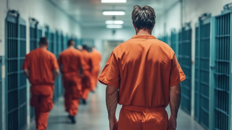 Inmates in orange uniforms walk down a prison corridor, viewed from behind.
