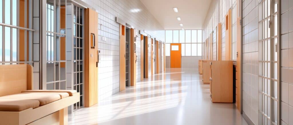 Modern jail corridor featuring optimized cell management with secure doors and bright lighting